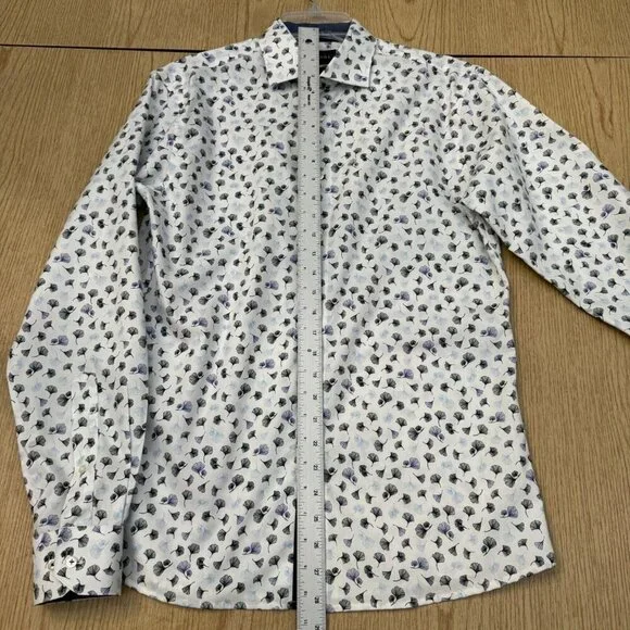 Paul Fredrick Slim Dress Shirt 15 White Blue Ginkgo Floral Flip Cuff Long Sleeve - Picture 7 of 10